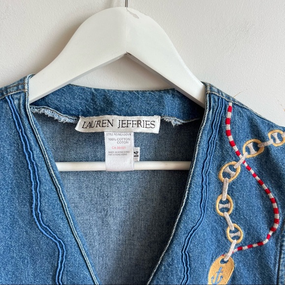 Vintage Lauren Jeffries Denim Nautical Print Vest 100% Cotton Size XL - Picture 5 of 10